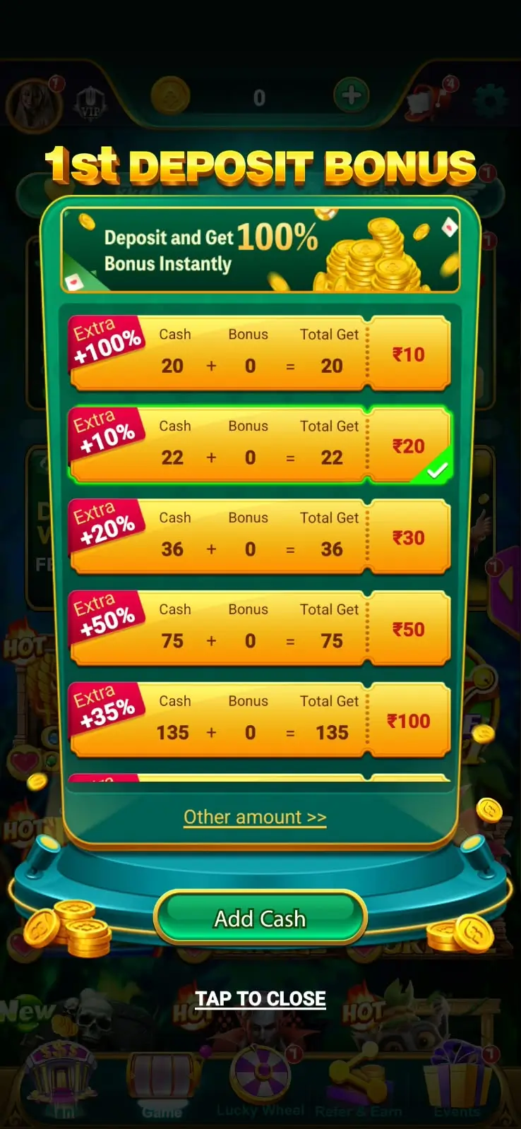 Yono Game 1st Deposit 100% Bonus and Extra Cash Tiers