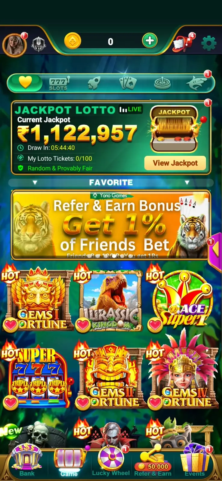 Yono Game home screen with jackpot and game categories