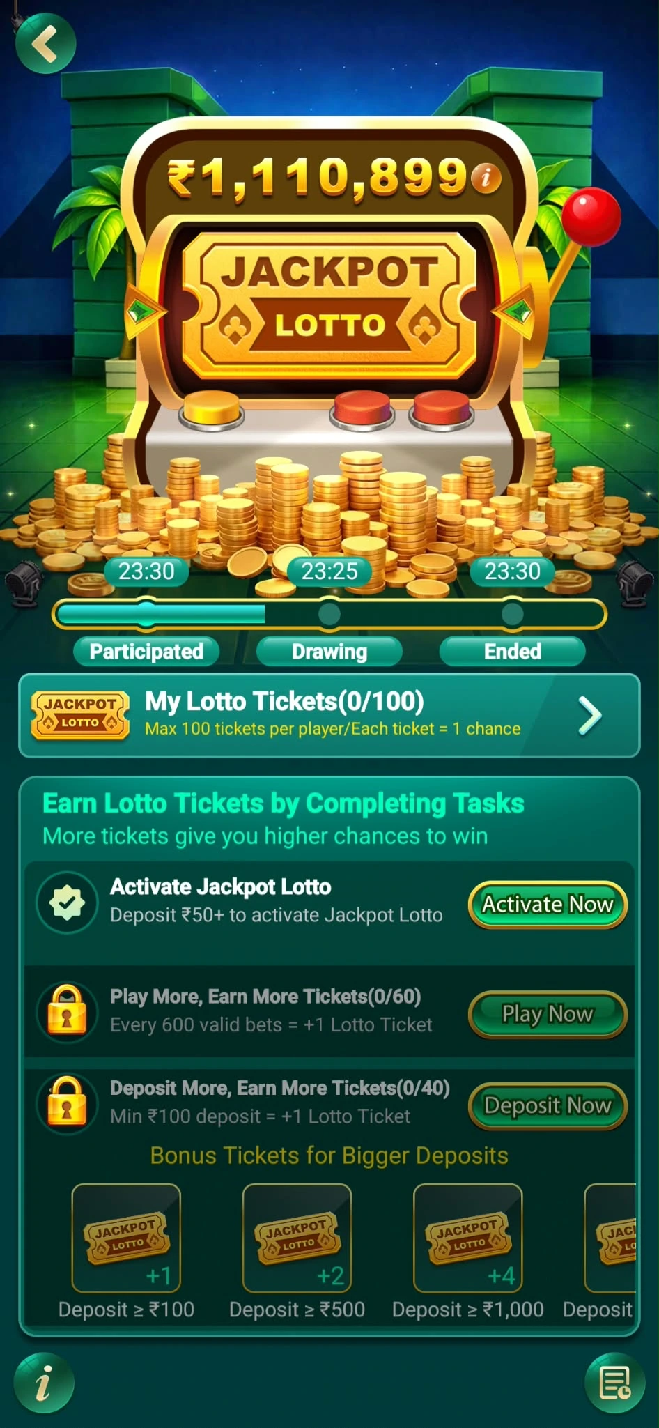 Jackpot Lotto dashboard with the current prize pool, draw stages, and ticket tasks