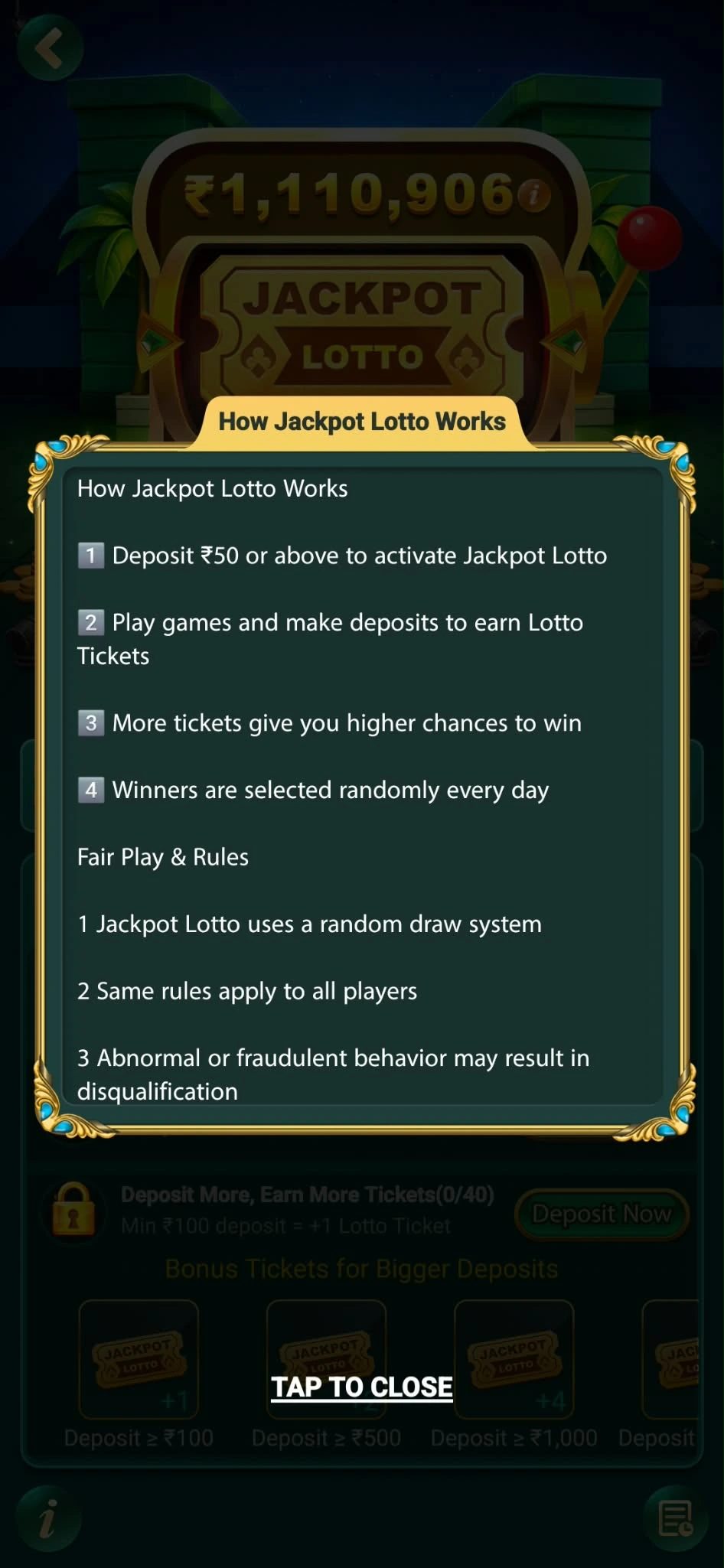 Jackpot Lotto rules explaining activation, earning tickets, and random daily draws