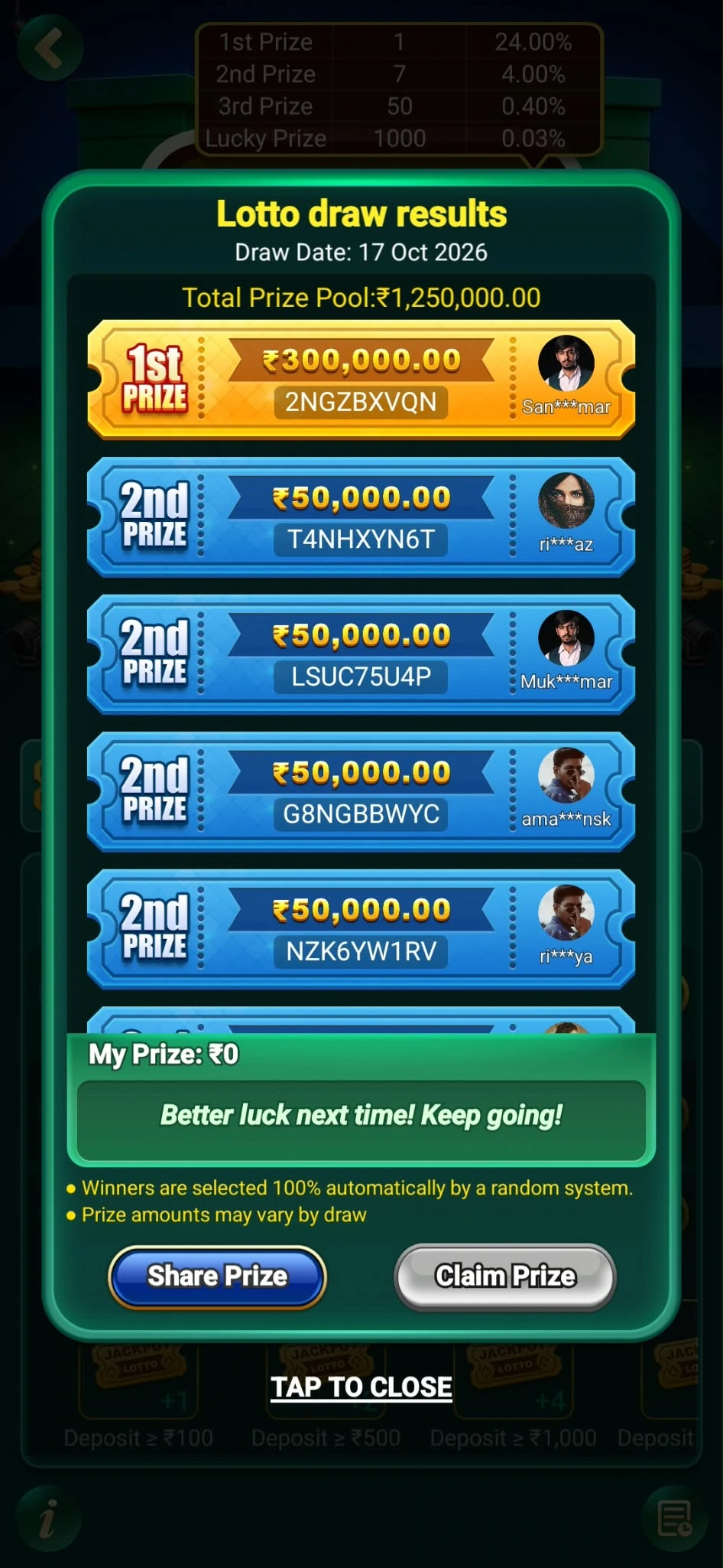 Jackpot Lotto results showing prize tiers, winners, and claim options